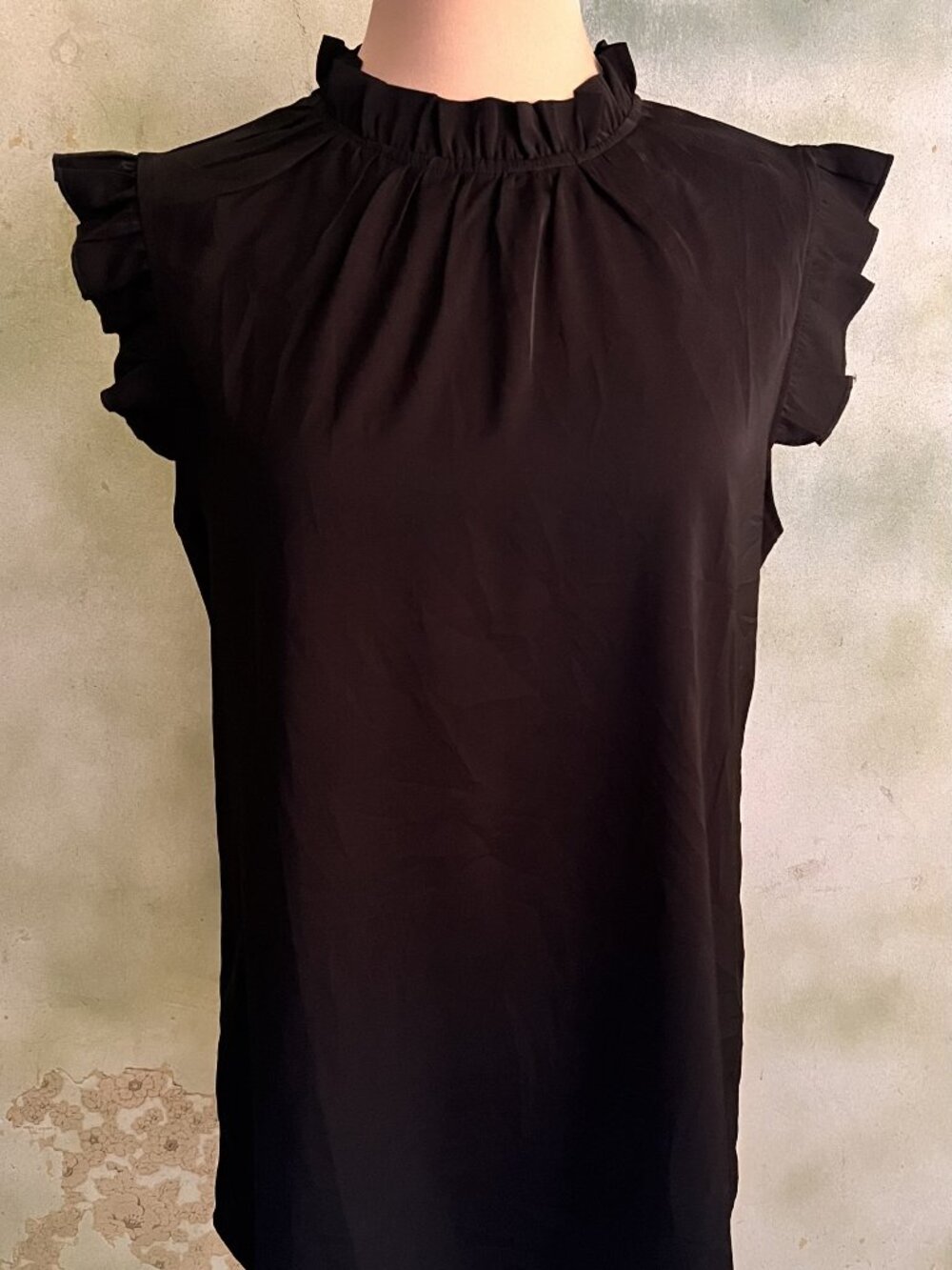 Black Ruffle Neck Blouse Flutter Sleeve Dressy Work Top